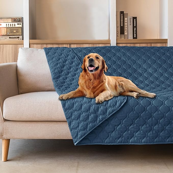 gogobunny 3X Stronger Waterproof Pet Blanket, Scratch Proof Furniture Protector for Dogs Cats, Reversible Cover 82x120 Inch, Dark Blue