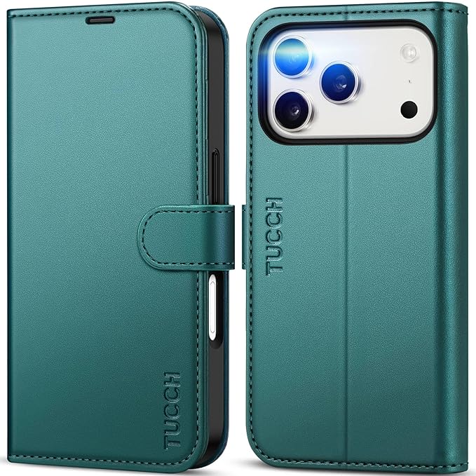 TUCCH Wallet Case for iPhone 17 Pro (6.3") 2025, 4 Card Holders | RFID Blocking | Stand | Shockproof TPU Shell | PU Leather | Magnetic Closure | Protective Flip Folio Cover | Bluish Green