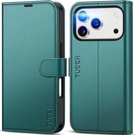 TUCCH Wallet Case for iPhone 17 Pro (6.3") 2025, 4 Card Holders | RFID Blocking | Stand | Shockproof TPU Shell | PU Leather | Magnetic Closure | Protective Flip Folio Cover | Bluish Green