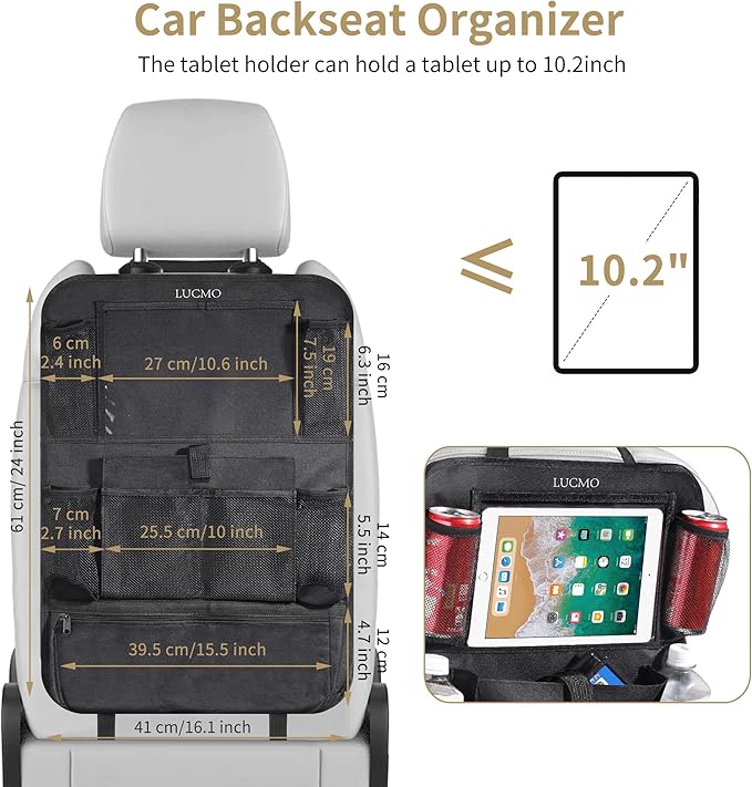 LUCMO Car Backseat Organizer with Touch Screen Tablet Holder-2 Pcs,9 Storage Pockets Car Storage Organizer, Protectors Kick Mats Travel Accessories for Kids-Black