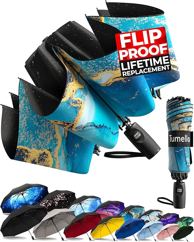 TUMELLA Flip-proof Inverted Travel Umbrella, Small Strong but Light Portable and Automatic Reverse Folding Rain Umbrella, Durable Premium Grip, Fits Car & Backpack
