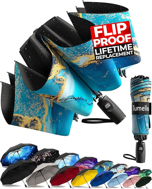 TUMELLA Flip-proof Inverted Travel Umbrella, Small Strong but Light Portable and Automatic Reverse Folding Rain Umbrella, Durable Premium Grip, Fits Car & Backpack