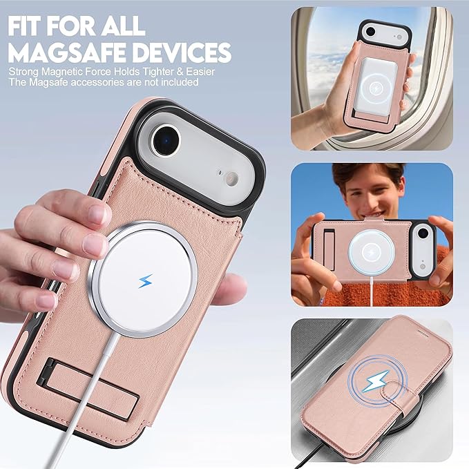 CIVICASE for iPhone Air Wallet Case with Stand,PU Leather Flip Credit Card Holder Slots (RFID Blocking),Compatible with Magsafe Magnetic Holder Phone Cover Women Men,Rose Gold