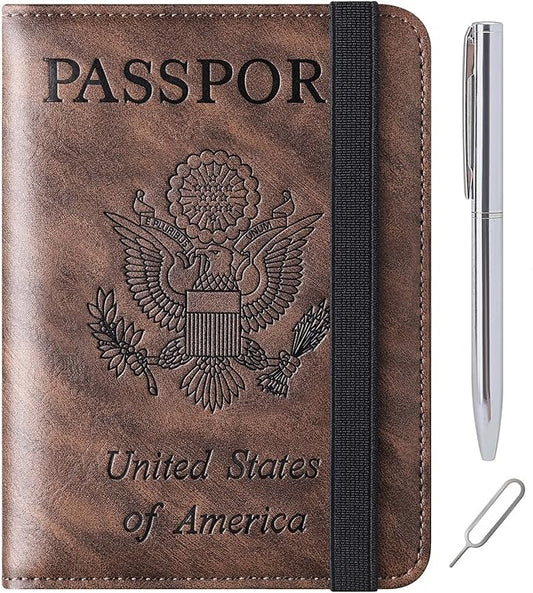Passport Holder Cover Wallet Travel Essentials Leather Rfid Blocking Case Vacation Luggage Must Haves Travel Accessories for Men Women (116#Coffee)