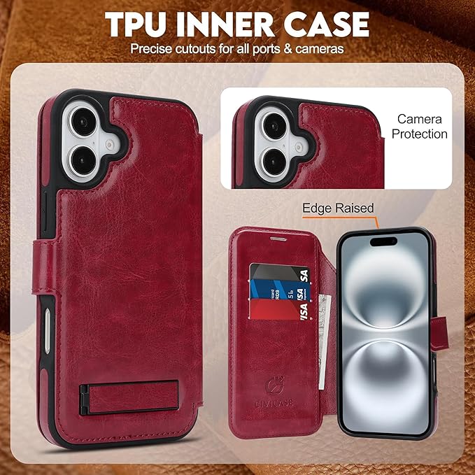 CIVICASE for iPhone 17 Wallet Case with Stand,PU Leather Flip Credit Card Holder Slots (RFID Blocking),Compatible with Magsafe Magnetic Holder Phone Cover Women Men,Wine Red