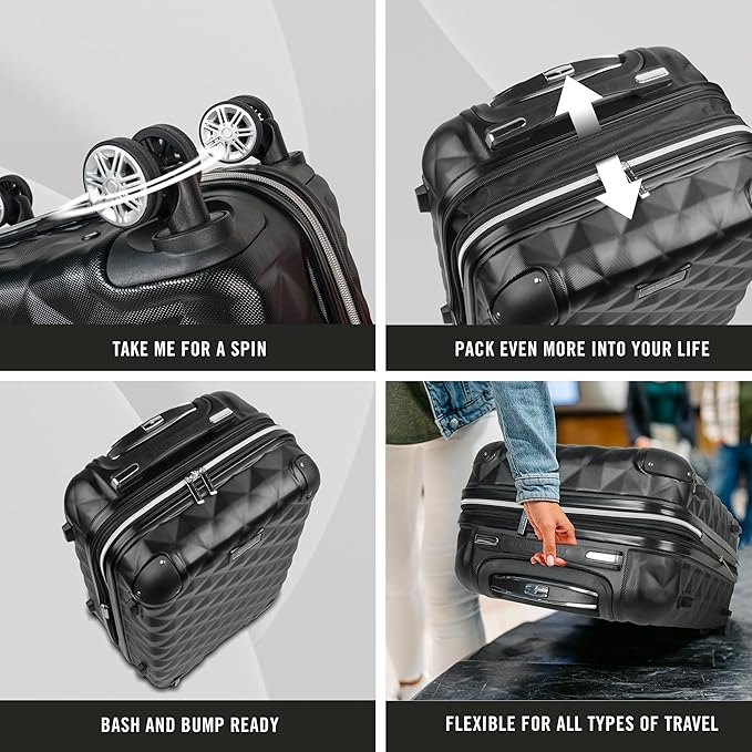 Kenneth Cole REACTION Diamond Tower Collection Lightweight Hardside Expandable 8-Wheel Spinner Travel Luggage, Black, 2-Piece Set (20" & 28")