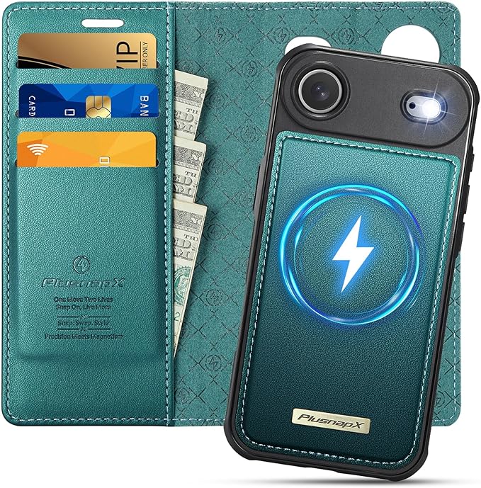 PlusnapX Wallet Case for iPhone Air Compatible with Magsafe, 2-in-1 PU Leather Flip RFID Blocking Card Holder Stand ShockAirof Magnetic Detachable Cover for iPhone 17 Air Case 6.5", Bluegreen