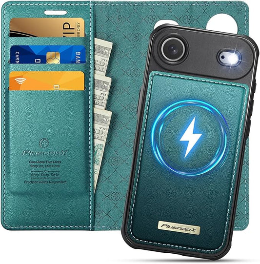 PlusnapX Wallet Case for iPhone Air Compatible with Magsafe, 2-in-1 PU Leather Flip RFID Blocking Card Holder Stand ShockAirof Magnetic Detachable Cover for iPhone 17 Air Case 6.5", Bluegreen
