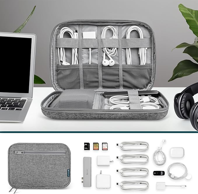 Pavilia Tech Organizer Case - Cable & Charger Storage, Travel Accessories for Men, Gray