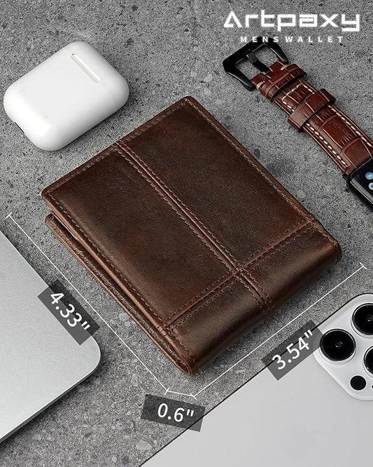Artpaxy Mens Wallet Bifold Genuine Leather RFID Blocking Wallet for Men with 2 ID Windows 12 Card Holders 2 cash pockets 1 Gift Box