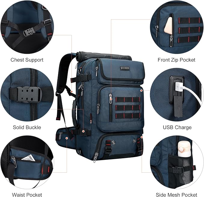 WITZMAN Carry on Travel Backpack for Men Women Airline Approved Convertible Nylon Duffle Backpack Luggage Bag (B682 blue)