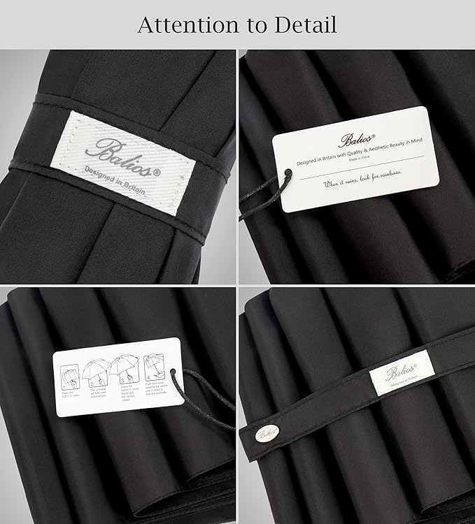 Balios Travel Folding Umbrella with Real Wood Handle Auto Open Close Vented Windproof Canopy - Designed in UK