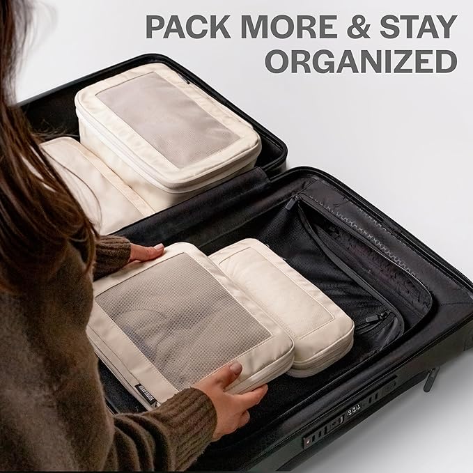 Aerotrunk Compression Packing Cubes for Travel - Luggage Organizer Bags - Double Zipper Packing Cubes for Suitcases (4-Pack, Beige)