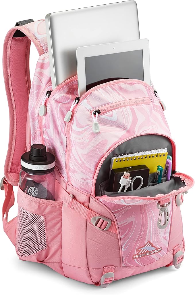 High Sierra Loop Backpack, Travel, or Work Bookbag with tablet sleeve, One Size, Pink Marble - Bubblegum Pink