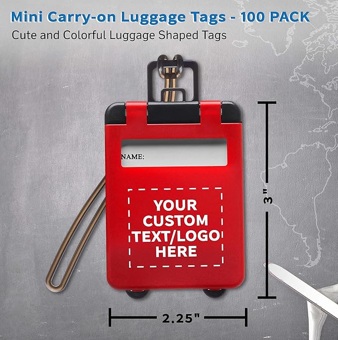 100 Mini Carry-on Luggage Tags Pack - Customizable Text, Logo - Flip Open Cover, ID Sticker - Red