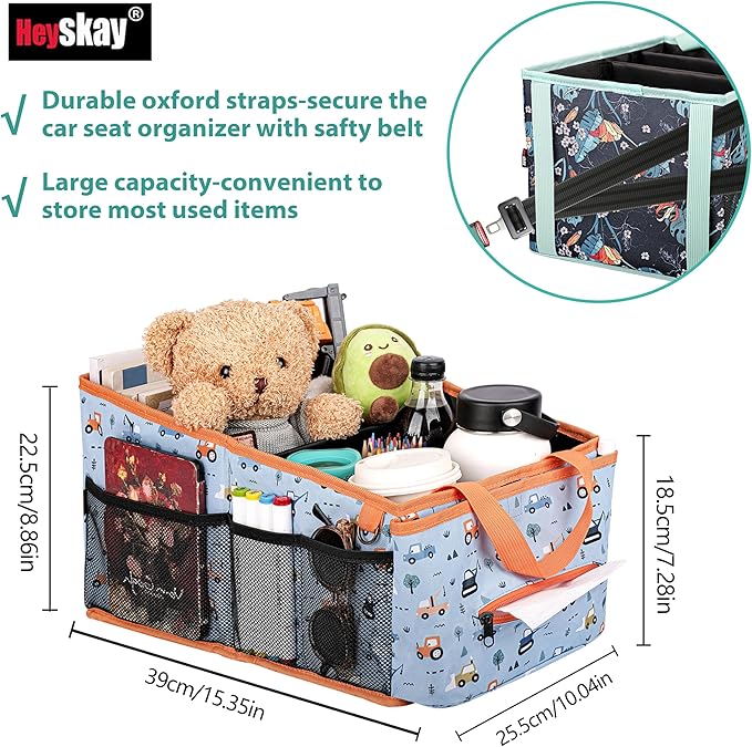 HEYSKAY Car Seat Organizer-Passenger Seat Organizer, Collapsible Small Car Seat Organizer for Console Front/Back, Car Seat Caddy Organizer with 4pc Drink Holders Automotive Backseat Organizer for Kids