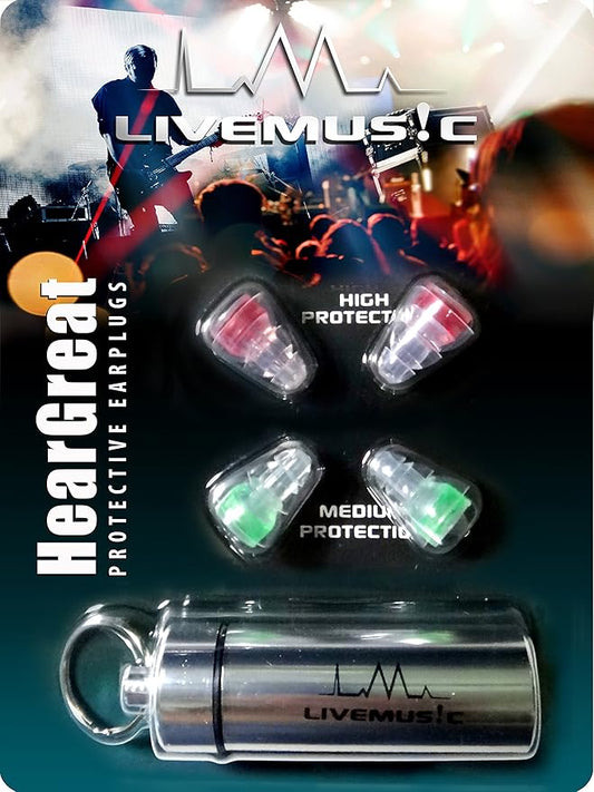 HearGreat Reusable Silicone Ear Plugs – 2 Pairs of High Fidelity Ear Plugs for Sleeping, Concerts, Travel, Work, and More – 21 dB and 27 dB Hearing Protection Plugs with Aluminum Case by LiveMusic