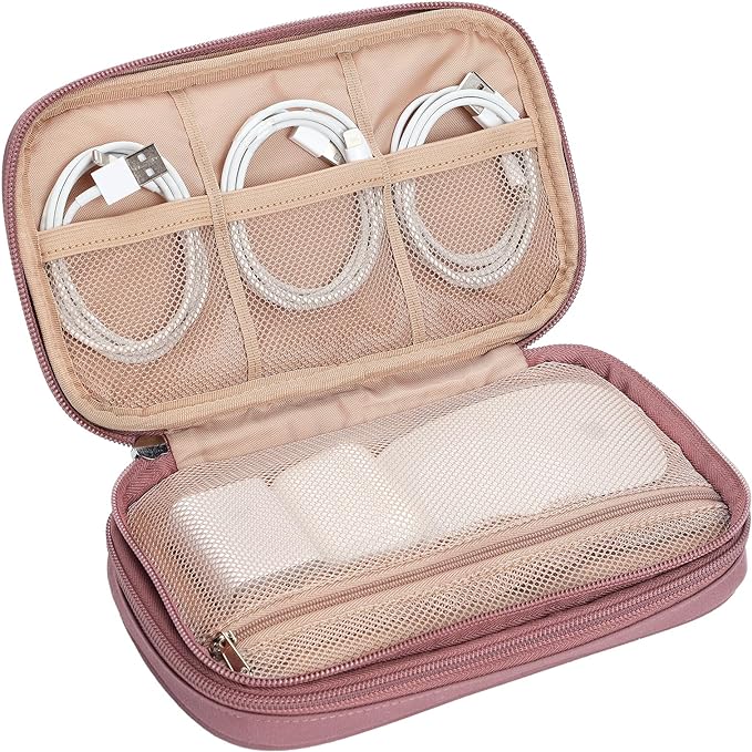 NISHEL Travel Cord Organizer Case, Double Layers Tech Electronic Bag, Essentials for Charger, Cable, Phone, Flash drive, Medium, Rose-wood Pink