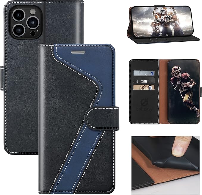 CIVICASE for iPhone 12 Pro Max Wallet Case,Leather Flip Case [RFID Blocking] Credit Card Holder Folio Magnetic Stand TPU Shockproof Cover Color Matching for iPhone 12 Pro Max (6.7") Black Blue