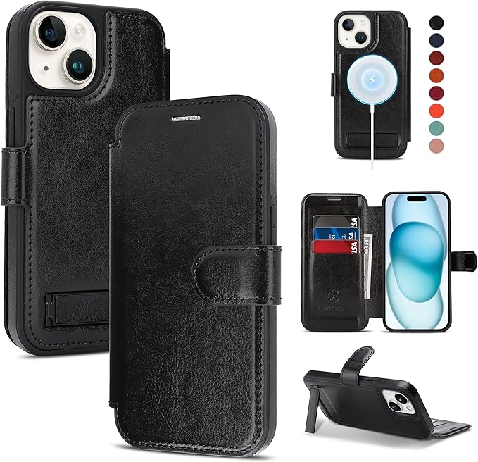 CIVICASE for iPhone 15 Wallet Case with Stand,PU Leather Flip Credit Card Holder Slots (RFID Blocking),Compatible with Magsafe Magnetic Holder Phone Cover Women Men, Black