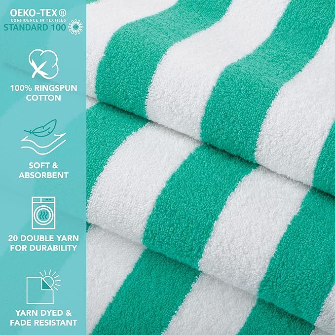 Arkwright California Cabana Stripe Beach Towel - Pack of 4, Large Soft Quick Dry Cotton Terry Towels Set for Pool, Swim, and Hot Tub, Oversized 30 x 70 in, Green