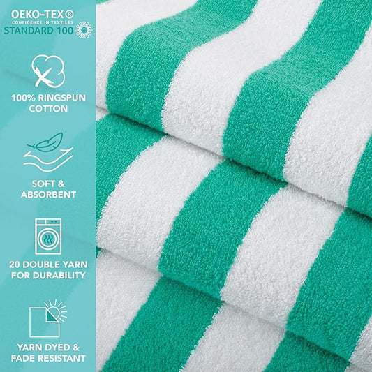 Arkwright California Cabana Stripe Beach Towel - Pack of 4, Large Soft Quick Dry Cotton Terry Towels Set for Pool, Swim, and Hot Tub, Oversized 30 x 70 in, Green