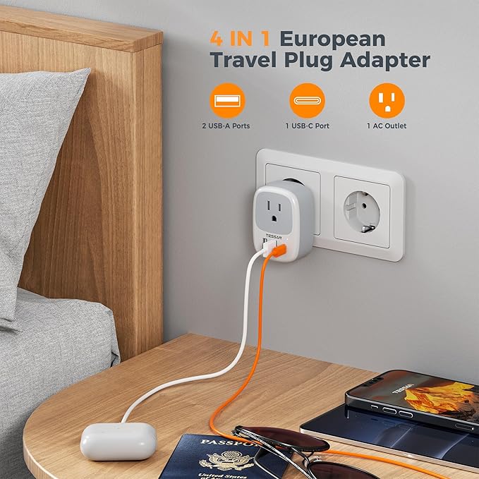 TESSAN European Travel Plug Adapter, Europe Power Outlet with 3 USB Ports (1 USB C Port), Type C Plug Adaptor for US to EU Italy Spain France Greece Portugal Iceland, International Travel Essentials
