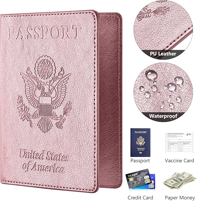Passport and Vaccine Card Holder Combo, Passport Cover with Vaccine Card Slot, Wallet, Passport Case Holder for Women and Men（AE-Rose gold