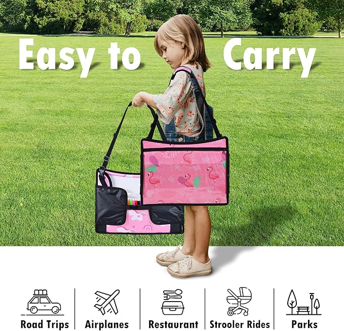 WENRENER 2PCS Kids Travel Tray, Car Seat Tray for kids Travel, Toddler Road Trip Essentials With Drawing Kit, Toddler Lap Desk Organizer for Car, Carseat Table for Airplane