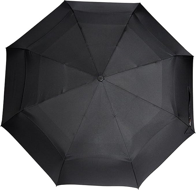 Amazon Basics Round Travel Umbrella for Rain, Wind-proof Compact Umbrella with Wind Vent, Auto Open/Close, Strong Alloy Steel Frame, Compact Size for Backpacks/Handbags (11" Long When Closed), One Size, Black