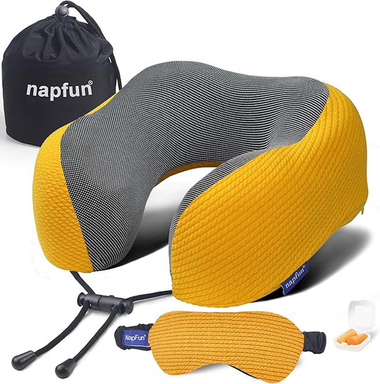 napfun Neck Pillow for Traveling, Upgraded Travel Neck Pillow for Airplane 100% Pure Memory Foam Travel Pillow for Flight Headrest Sleep, Portable Plane Accessories, Yellow, Medium (120-200LB)