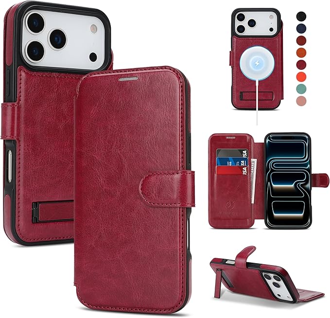 CIVICASE for iPhone 17 Pro Max Wallet Case with Stand,PU Leather Flip Credit Card Holder Slots (RFID Blocking),Compatible with Magsafe Magnetic Holder Phone Cover Women Men,Wine Red