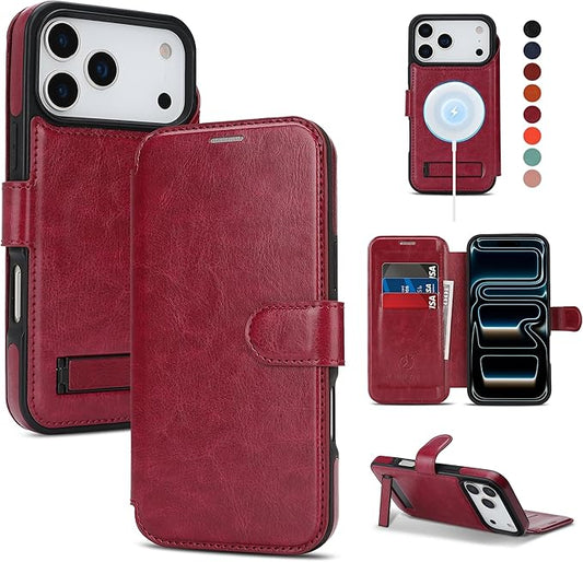 CIVICASE for iPhone 17 Pro Max Wallet Case with Stand,PU Leather Flip Credit Card Holder Slots (RFID Blocking),Compatible with Magsafe Magnetic Holder Phone Cover Women Men,Wine Red