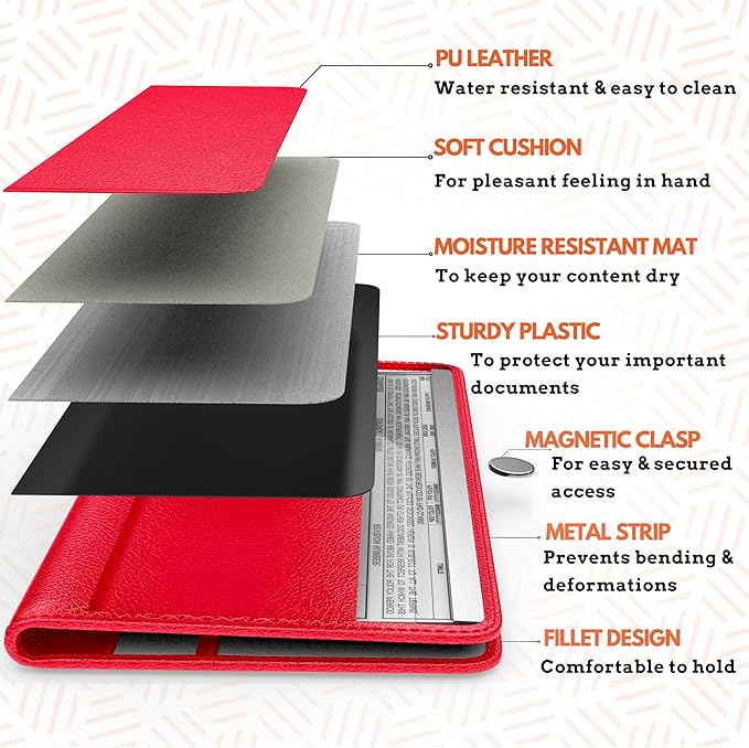 Red Magnetic Shut Premium PU Leather Insurance and Registration Holder, Glove Box Organizer for Car, Stylish Car Accessories, Organize Vehicle Documents with flair, Size 9.5 in x 5.1 in