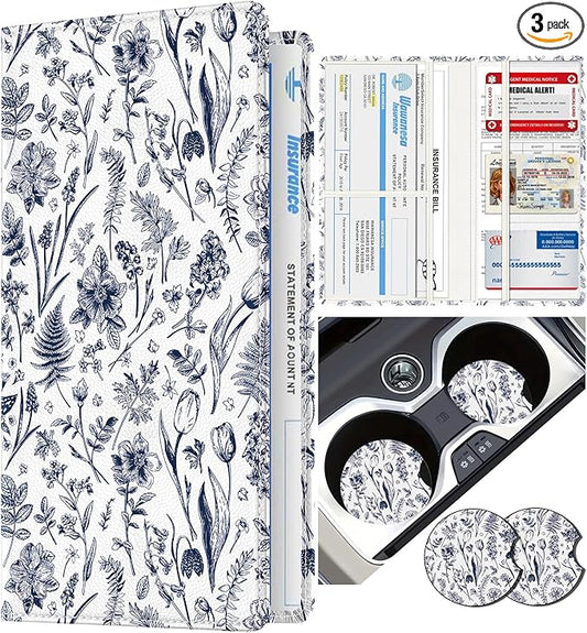 Slohif Car Registration and Insurance Card Holder with Magnetic Shut - Vehicle Glove Box Organizer Women Leather Automobile License Holders Coasters Auto Accessories Case for Document,Leaves