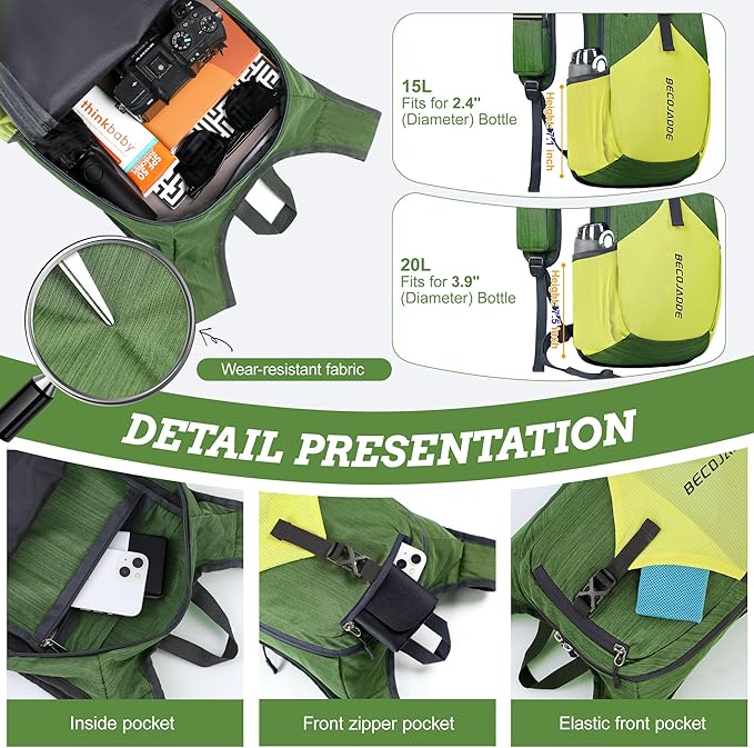 BECOJADDE 20L Small Hiking Backpack for Men Women Foldable Packable Back Pack Ultralight Hiking Daypack for Travel Camping Outdoor, Olive Green Yellow
