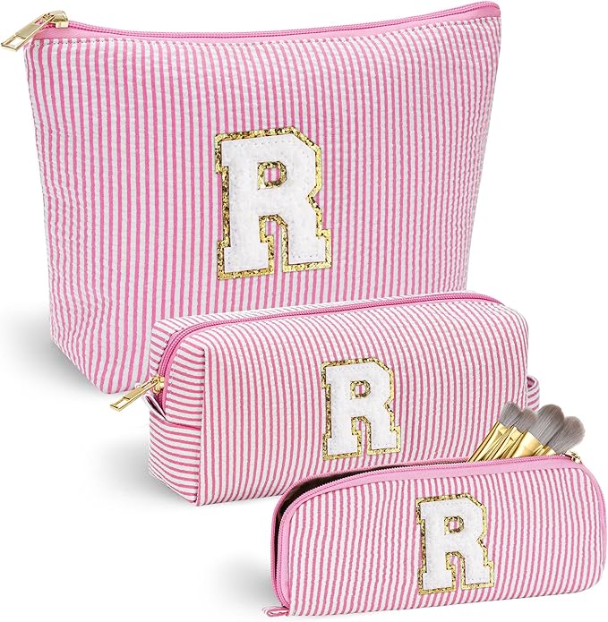 YOOLIFE Initial Makeup Bag for Women, Travel Cosmetic Bag with Small Makeup Brush Bag Cute Makeup Bag Toiletry Travel Bag Personalized Wife Friend Gifts Christmas Birthday Gifts for Women Her Pink R
