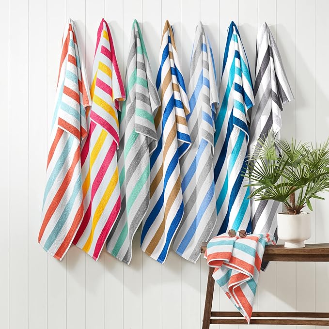 Arkwright Cabo Cabana Stripe Beach Towel Bulk - Case of 24 - Large Soft Quick Dry Cotton Terry Towels for Pool, Swim, and Hot Tub, Oversized 30 x 70 in, Raspberry/Mango