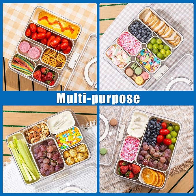 Bandesun Divided Serving Tray with Lid and Handle - Clear Organizer for Candy, Fruits, Nuts, Snacks - Snackle Box Charcuterie Container for Portable Snack Platters - Perfect for Party, Entertaining