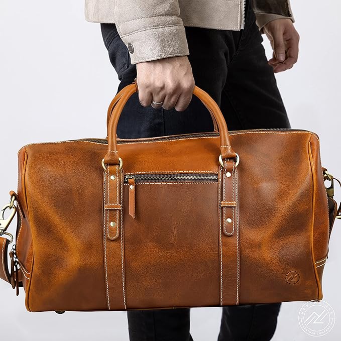 Premium Full-Grain Leather Duffle Bag for Men & Women | 20-Inch Handcrafted TSA Approved Carry-On Weekender Travel Bag with Multiple Pockets & Compartments by Northridge Leather (Tan))