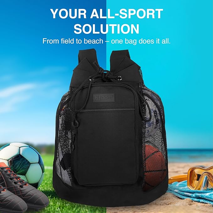 Fitdom Heavy Duty Small Mesh Equipment Ball Bag w/Adjustable Backpack Shoulder Strap Design for Coach. 2 Different Size Compartments. Perfect for Soccer Football Volleyball Basketball & Water Sports