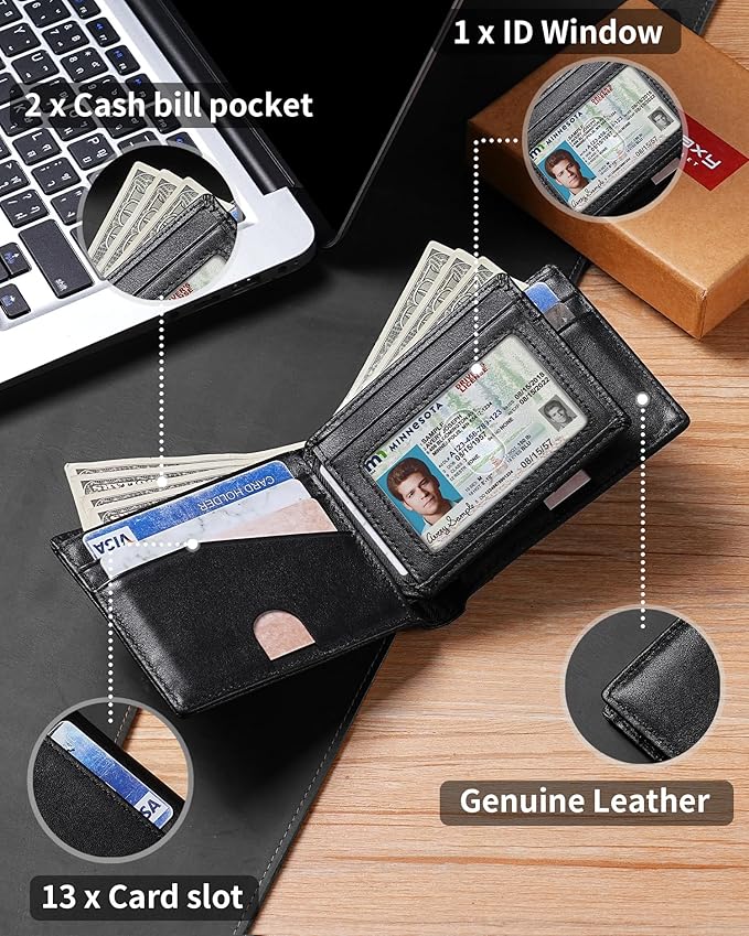 Artpaxy Mens Wallet Bifold Genuine Leather RFID Blocking Wallet for Men with 1 ID Windows 13 Card Holders 2 cash pockets 1 Gift Box