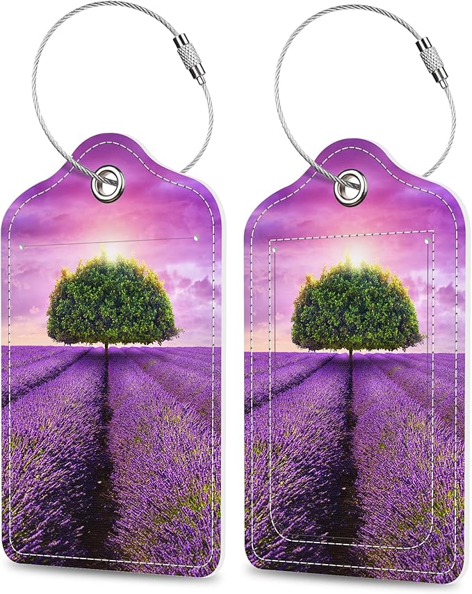 Set of 2 Luggage Tags Tree in The Lavender Field Leather Suitcases Tag with Privacy Cover Stainless Steel Loop and Address Card for Women Men Travel