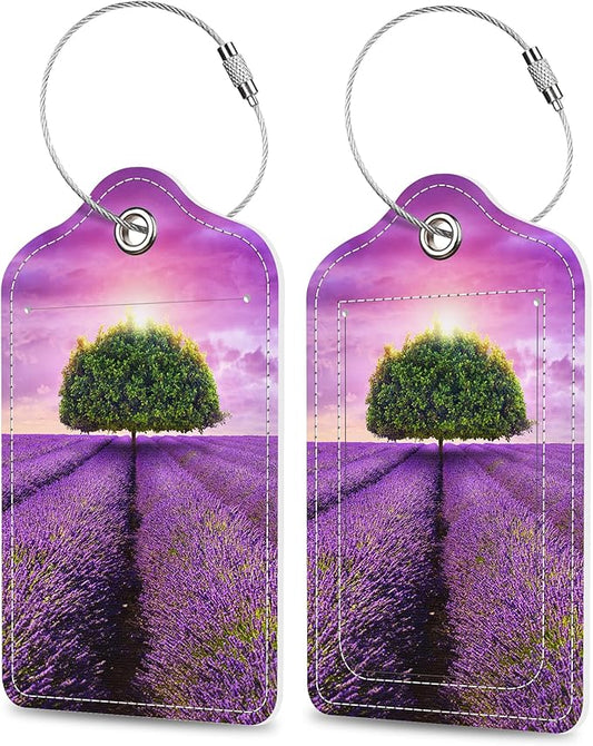 Set of 2 Luggage Tags Tree in The Lavender Field Leather Suitcases Tag with Privacy Cover Stainless Steel Loop and Address Card for Women Men Travel