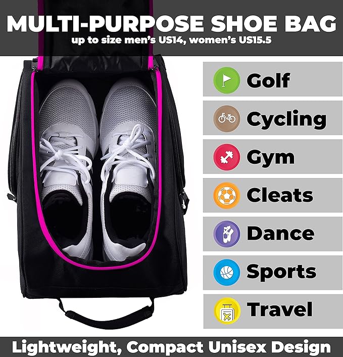 Athletico Golf Shoe Bag - Zippered Shoe Carrier Bags With Ventilation & Outside Pocket for Socks, Tees, etc. (Black/Pink)