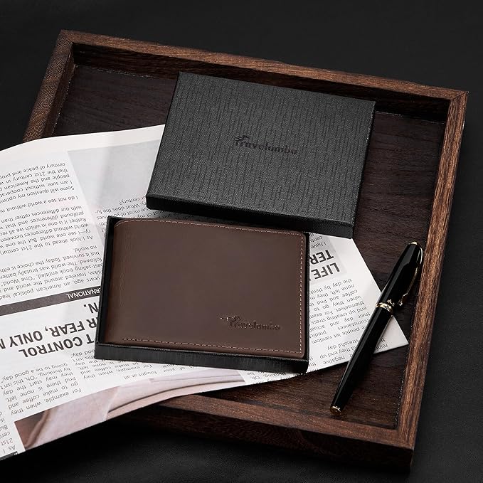 Travelambo Genuine Leather Wallet for Men with Gift Box - Handmade Bifold Stylish - Mens Wallets Rfid Blocking with 2 ID Windows