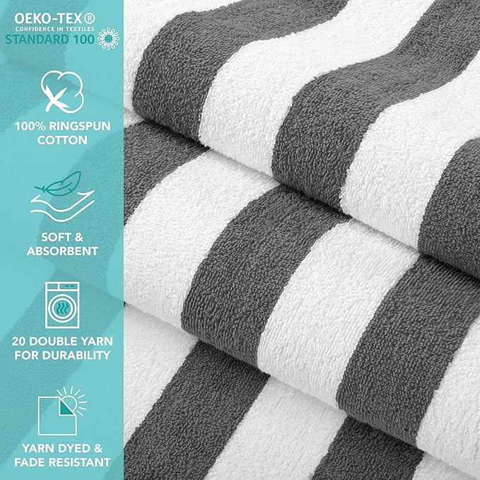 Arkwright California Cabana Stripe Beach Towel Bulk - Case of 24 - Large Soft Quick Dry Cotton Terry Towels Set for Pool, Swim, and Hot Tub, Oversized 30 x 70 in, Dark Grey