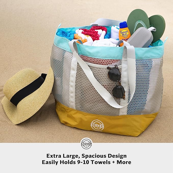 STOVER Large Mesh Beach Bag, Vacation, Pool, Shopping, & Travel Tote - Foldable w/Storage Pockets for Women, Men & Families