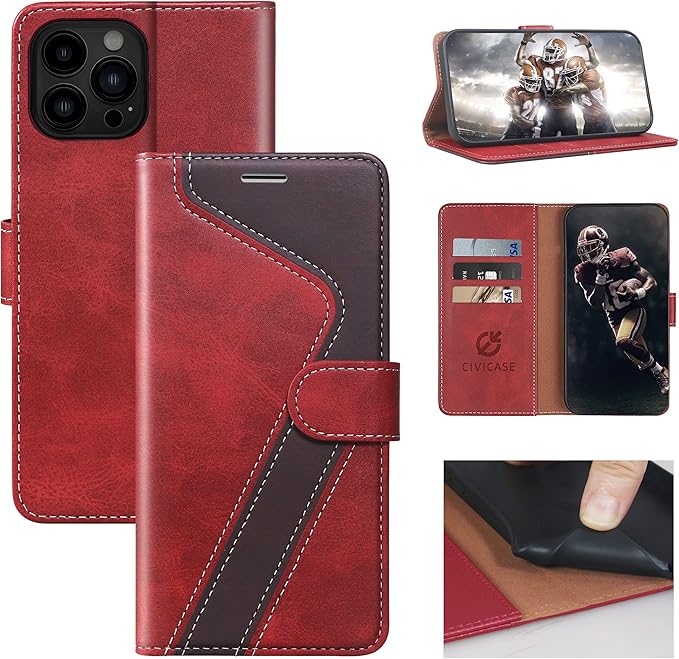 CIVICASE for iPhone 13 Pro Wallet Case,Leather Flip Case [RFID Blocking] Credit Card Holder Folio Magnetic Stand TPU Shockproof Cover Color Matching for iPhone 13 Pro (6.1") Red Brown
