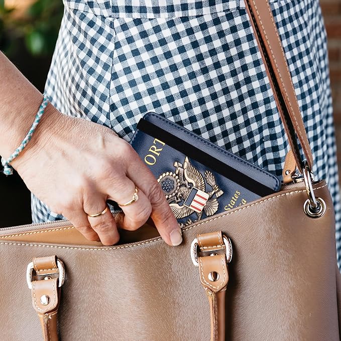 TOURSUIT RFID Blocking Passport Holder for Women Men, Leather Passport Travel Wallet with Metal 3D Metal Badge, Travel Document Holder Cover Accessories (Dark Blue)